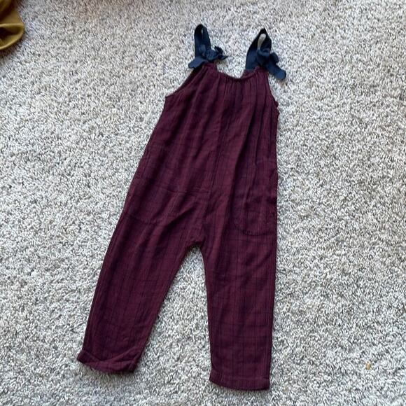 ZARA GIRLS Linen Cotton Blend Burgundy & Navy Plaid Tie Bow Overalls Size 4 - Picture 1 of 3